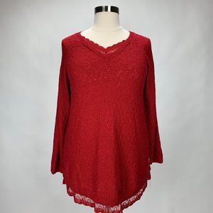 Red Lace-Trimmed Tunic Knit Sweater V Neck